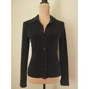 Aziz Black /Silver Threading Collard Long Sleeve Cardigan Button Medium